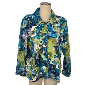 Krazy Kat Womens Jacket Multicolor Floral Buttons Blue Green Watercolor Size XXL